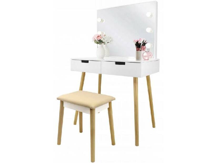 Toaletni stolić s tabureom Omiko (s LED rasvjetom) (bijela + bež)