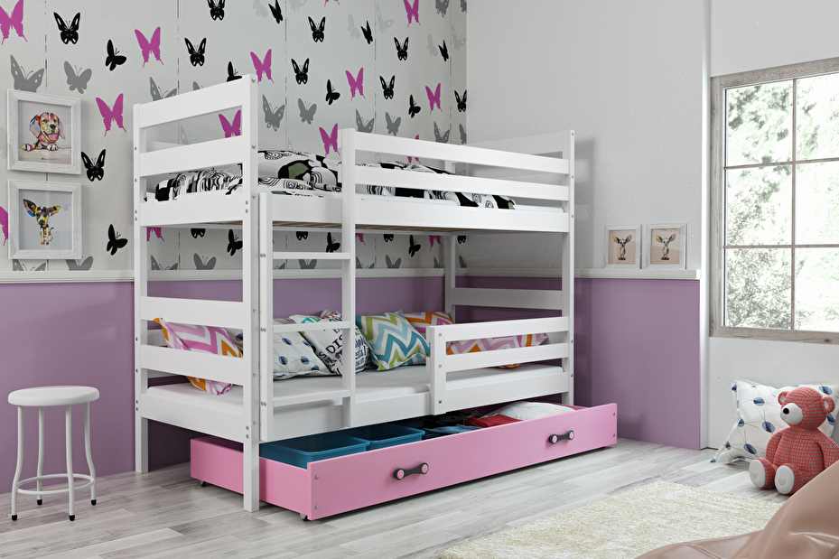 Krevet na kat 90 x 200 cm Eril B (bijela + ružičasta) (s podnicom, madracem i prostorom za odlaganje)