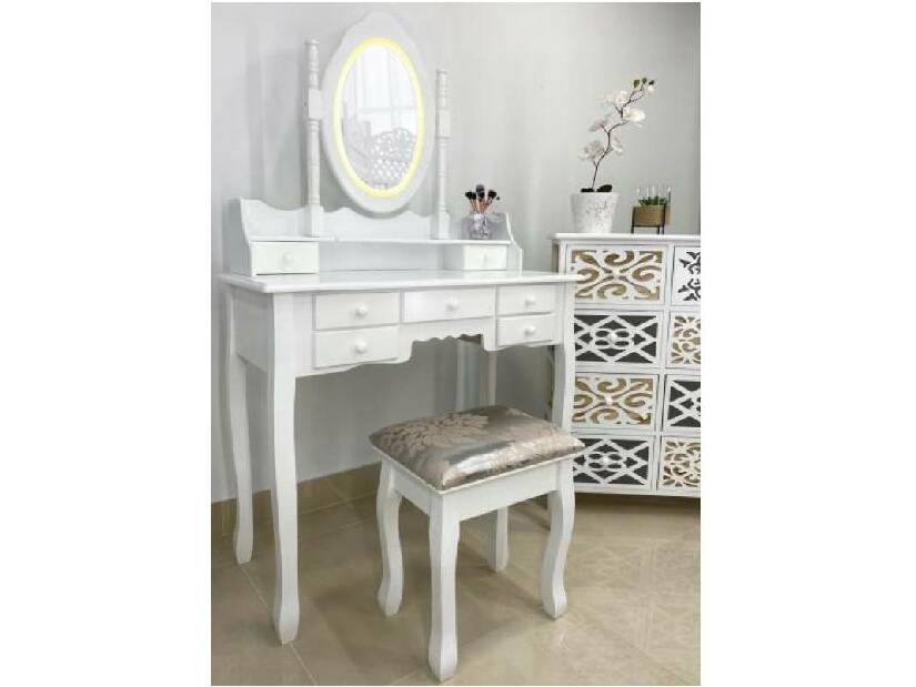 Toaletni stolić s tabureom Pompadour (s LED rasvjetom) (bijela)