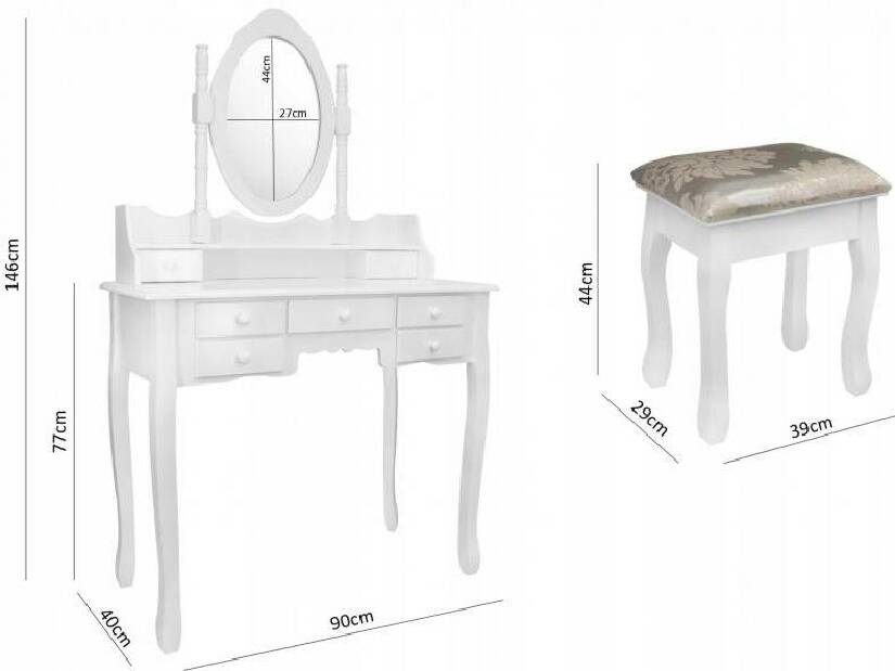 Toaletni stolić s tabureom Pompadour (bijela)