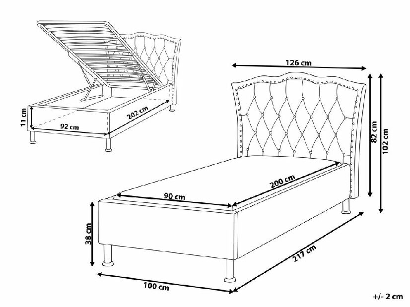 Jednostruki krevet 200 x 90 cm Metty (siva) (s podnicom) (s prostorom za odlaganje)