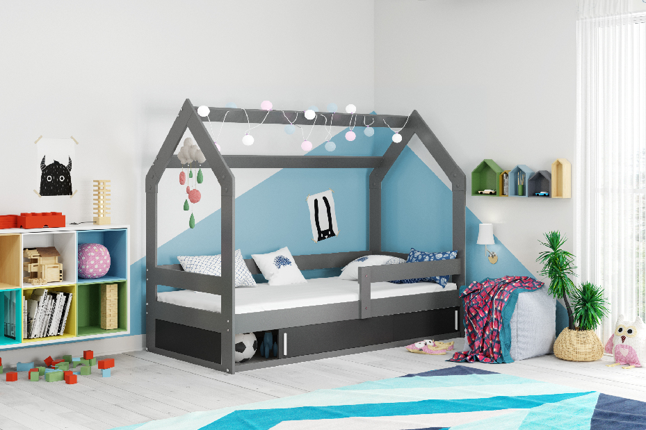 Dječji krevet 80 cm Dormo (grafit + crna) (s podnicom, madracem i prostorom za odlaganje)