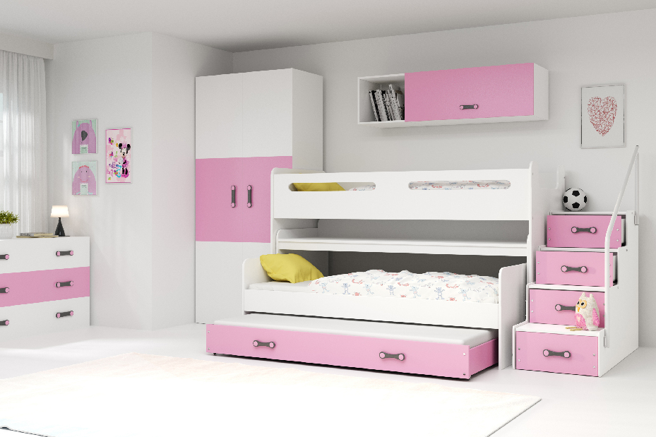 Krevet na kat 80 x 200 cm Moxxo 1 (bijela + ružičasta) (s podnicom, madracem i prostorom za odlaganje)