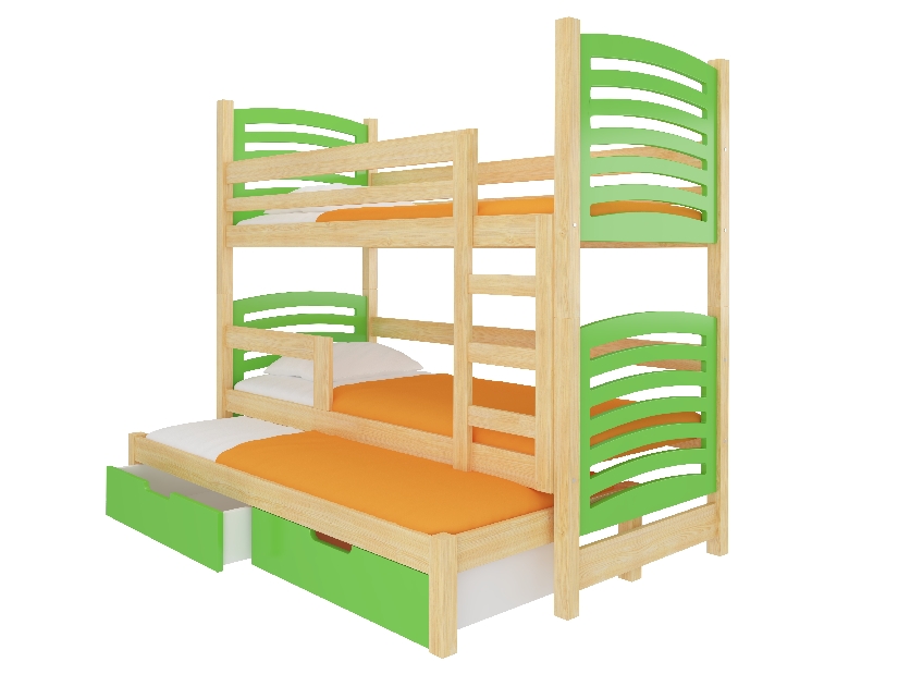 Dječji krevet na kat 180x75 cm Stanislava (s podnicom i madracem) (bor + zelena)