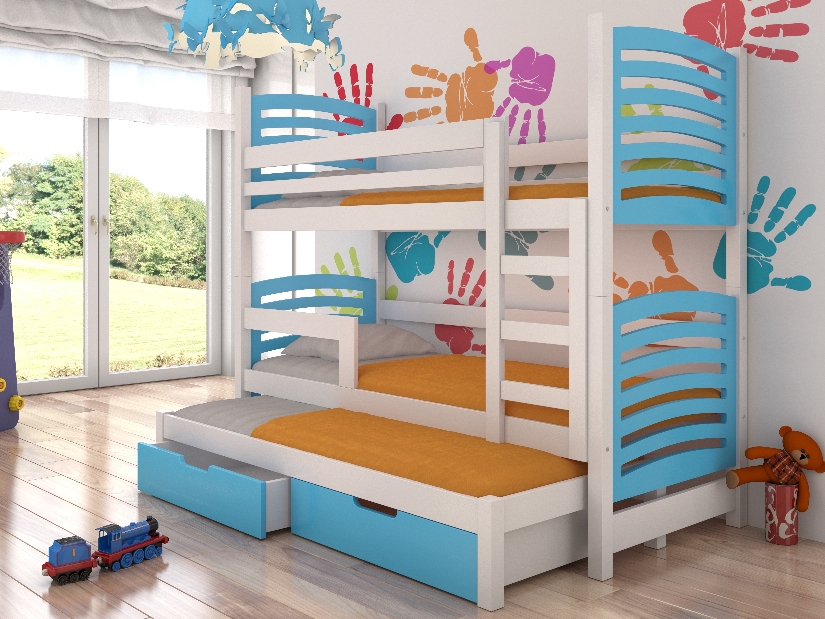 Dječji krevet na kat 180x75 cm Stanislava (s podnicom i madracem) (bijela + plava)
