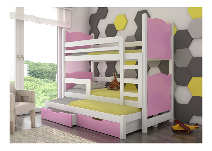Dječji krevet na kat 180x75 cm Lukrécia (s podnicom i madracem) (bijela + ružičasta)