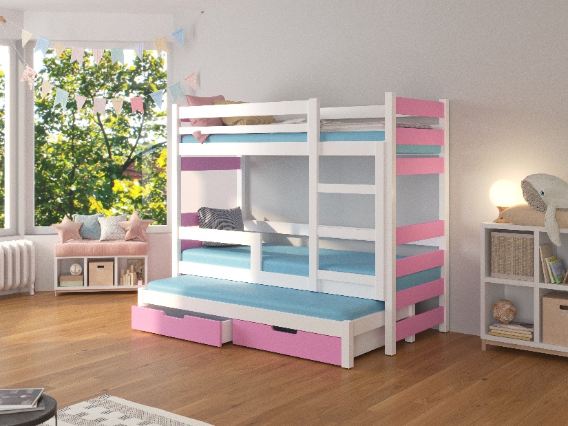 Dječji krevet na kat 180x75 cm Karin (s podnicom i madracem) (bijela + ružičasta)