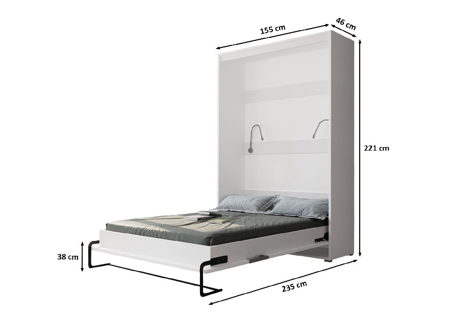 Krevet na sklapanje 140 Homer (bijela mat + crna sjajna) (vertikalni) (s rasvjetom)