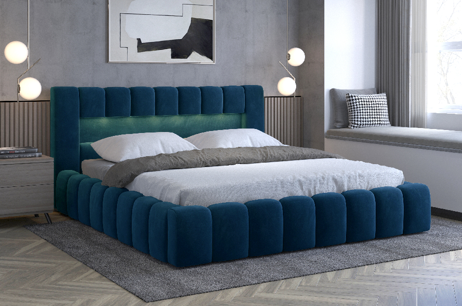 Bračni krevet 160 cm Luxa (tamno plava) (s podnicom, s prostorom za odlaganje i LED)