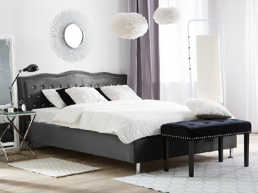 Bračni krevet 160 cm MATH (s podnicom i prostorom za odlaganje) (tamno siva baršunasta)