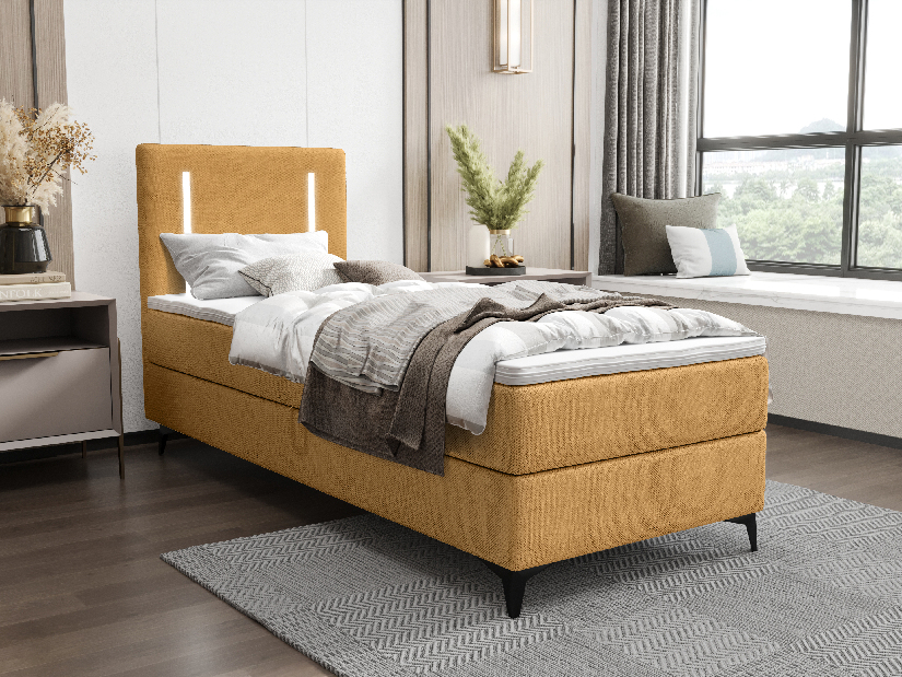 Jednostruki krevet 80 cm Ortega Comfort (boja senfa) (s podnicom i madracem, s prostorom za odlaganje) (s LED rasvjetom)