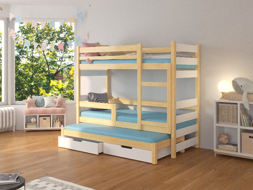 Dječji krevet na kat 180x75 cm Karin (s podnicom i madracem) (bor + bijela)