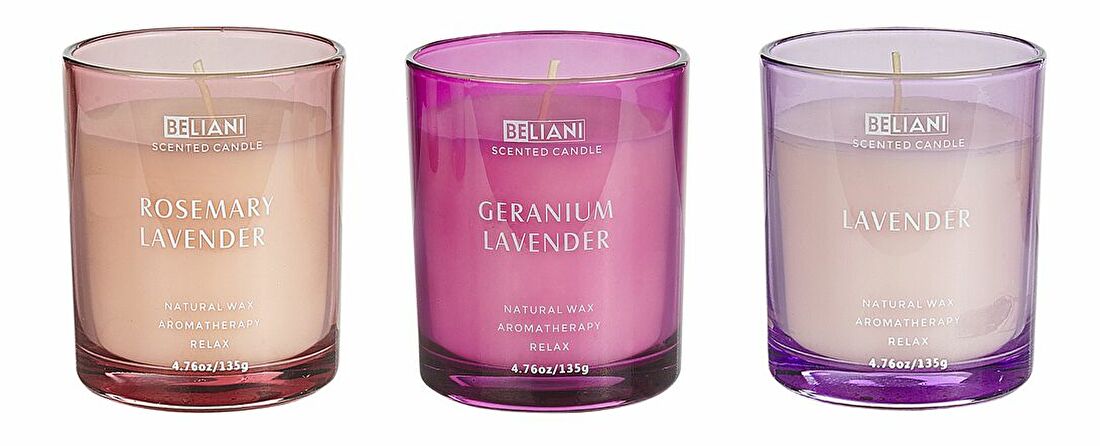 Set 3 kom. mirisnih svijeća lavanda/ružmarin i lavanda/geranium i lavanda Joyza (ružičasta)