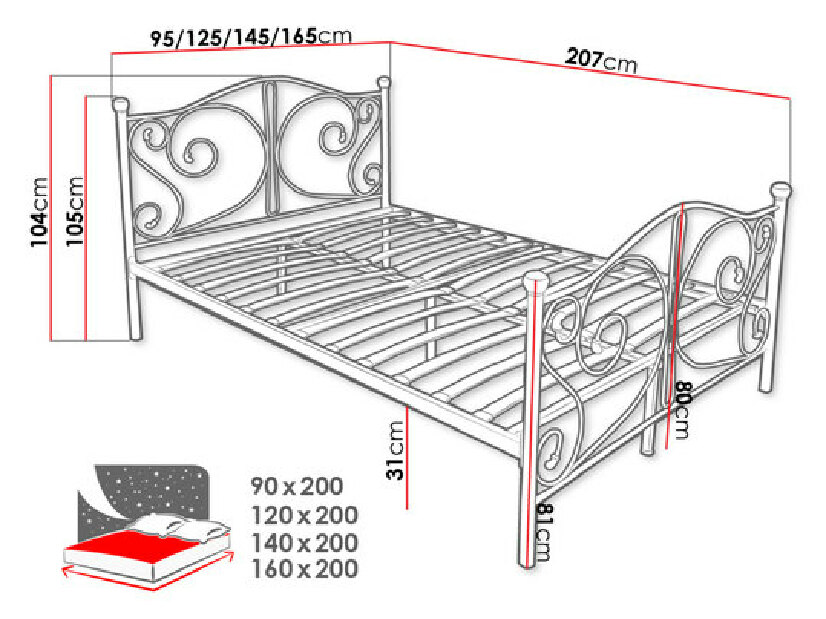 Metalni krevet s kristalima Drystan (crna) (90x200cm)