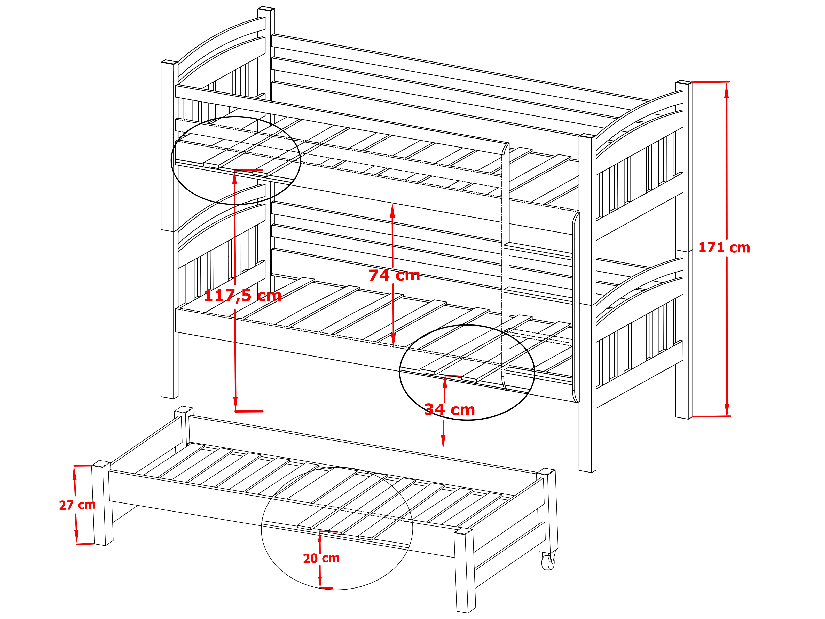 Dječji krevet 90 x 200 cm IVA (s podnicom i prostorom za odlaganje) (borovina)