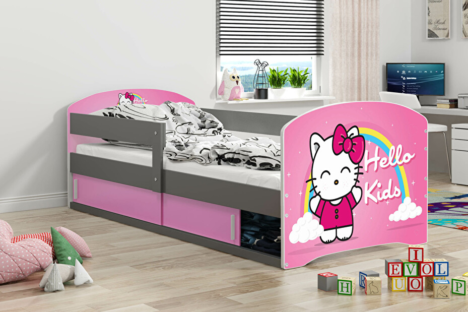 Dječji krevet 80 x 160 cm Lukan (grafit + uzorak hello kids) (s podnicom, madracem i prostorom za odlaganje)