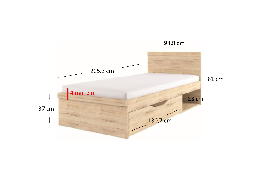 Jednostruki krevet 90 cm ORIT (hrast san remo) (s podnicom)