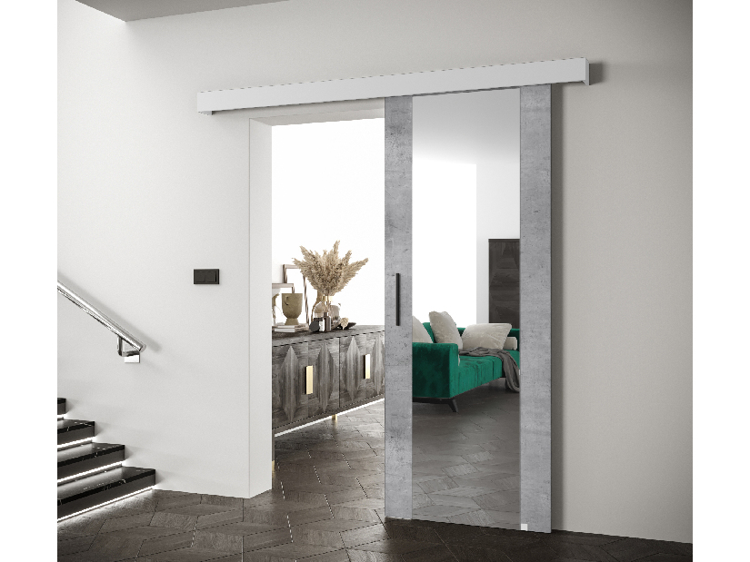 Klizna vrata 90 cm Sharlene II (beton svijetli + bijela mat + crna) (s ogledalom)