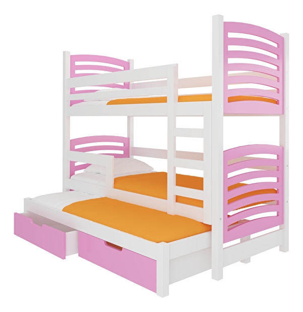Dječji krevet na kat 180x75 cm Stanislava (s podnicom i madracem) (bijela + ružičasta)