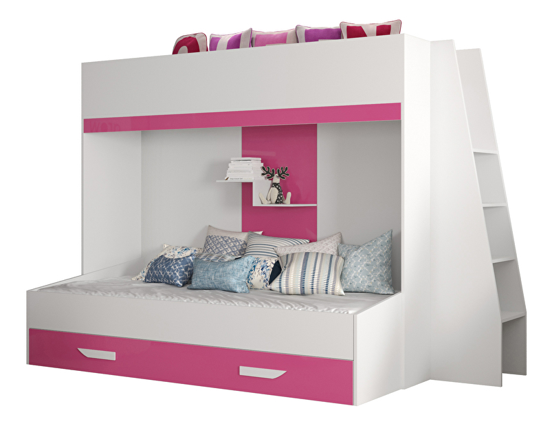 Dječji kombinirani krevet 90 cm Puro 17 (bijela mat + bijeli sjaj + ružičasti sjaj)