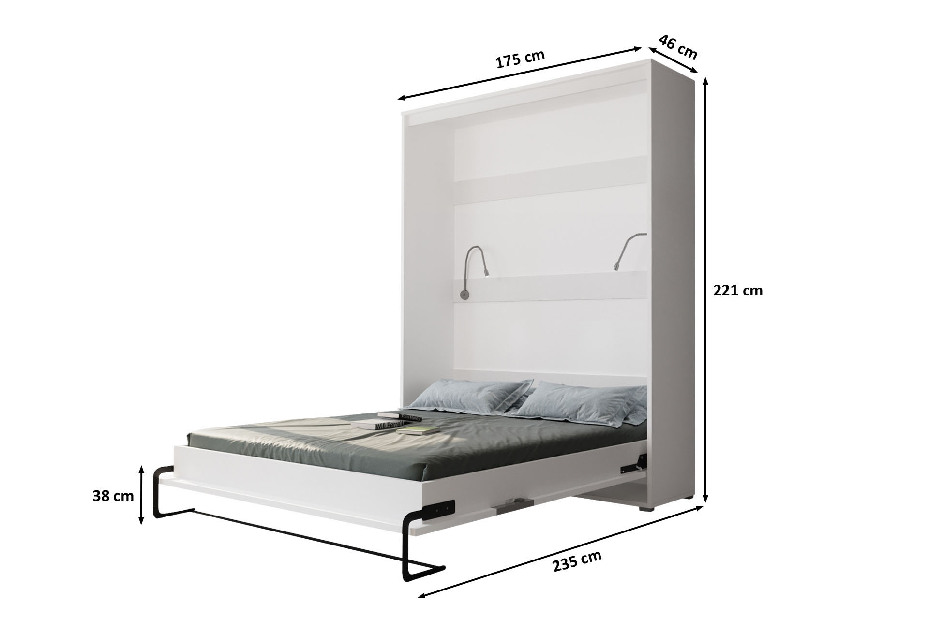 Krevet na sklapanje 160 Homer (bijela mat + crna sjajna) (vertikalni) (s rasvjetom)