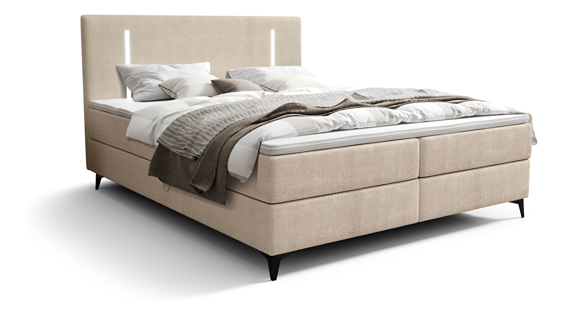 Bračni krevet 200 cm Ortega Comfort (bež) (s podnicom i madracem, s prostorom za odlaganje) (s LED rasvjetom)