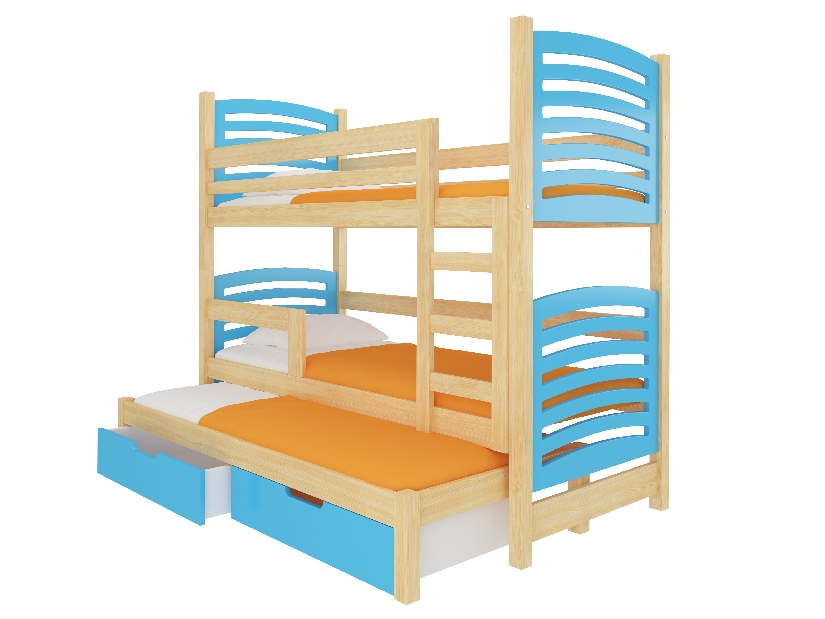 Dječji krevet na kat 180x75 cm Stanislava (s podnicom i madracem) (bor + plava)