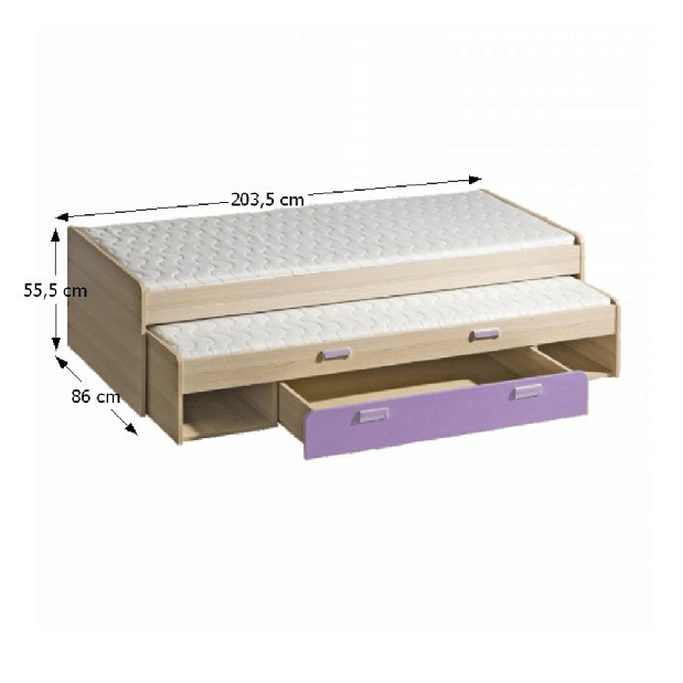 Krevet na razvlačenje 80 cm Echo L16 ljubičasta (s dvoma madracima i podnicama) 