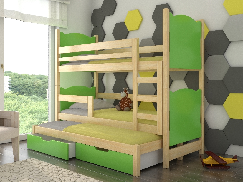Dječji krevet na kat 180x75 cm Lukrécia (s podnicom i madracem) (bor + zelena)