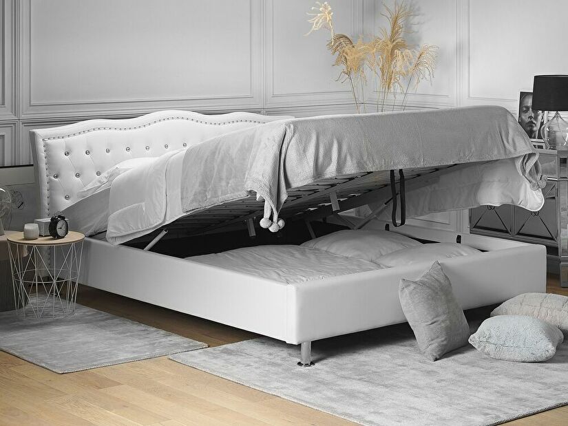 Bračni krevet 160 cm MATH (s podnicom i prostorom za odlaganje) (bijela)