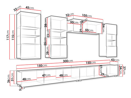 Set za dnevni boravak Badiani V (crna + crni sjaj + bijeli sjaj)