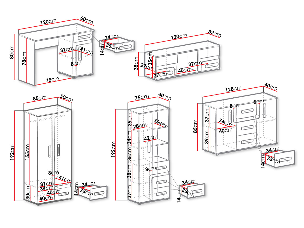 Namještaj za studentsku sobu Petanata XV (antracit + bijela)
