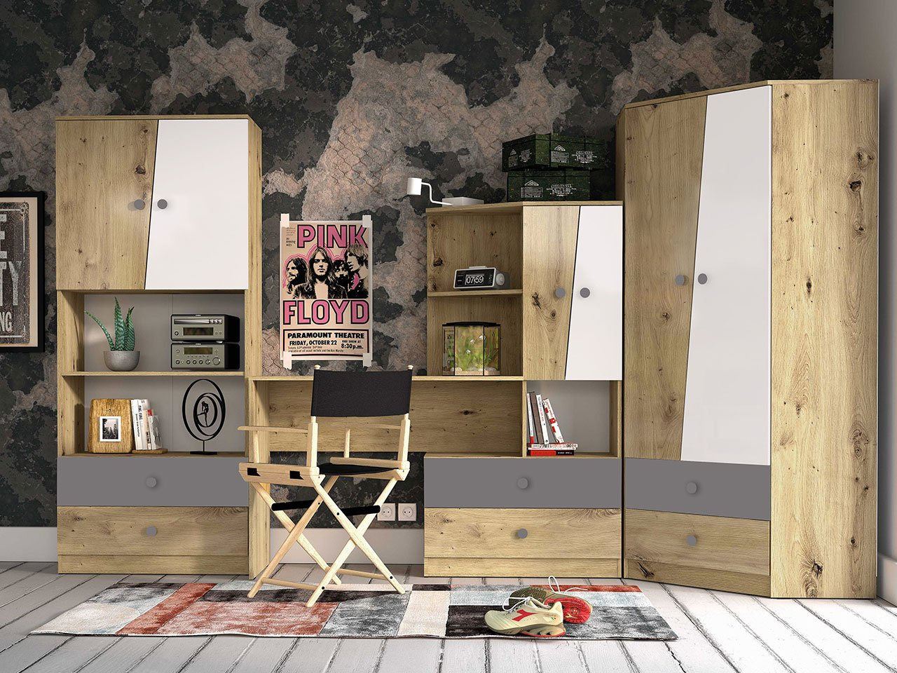 Namještaj za studentsku sobu Seraphina IV (hrast artisan + bijela + siva)