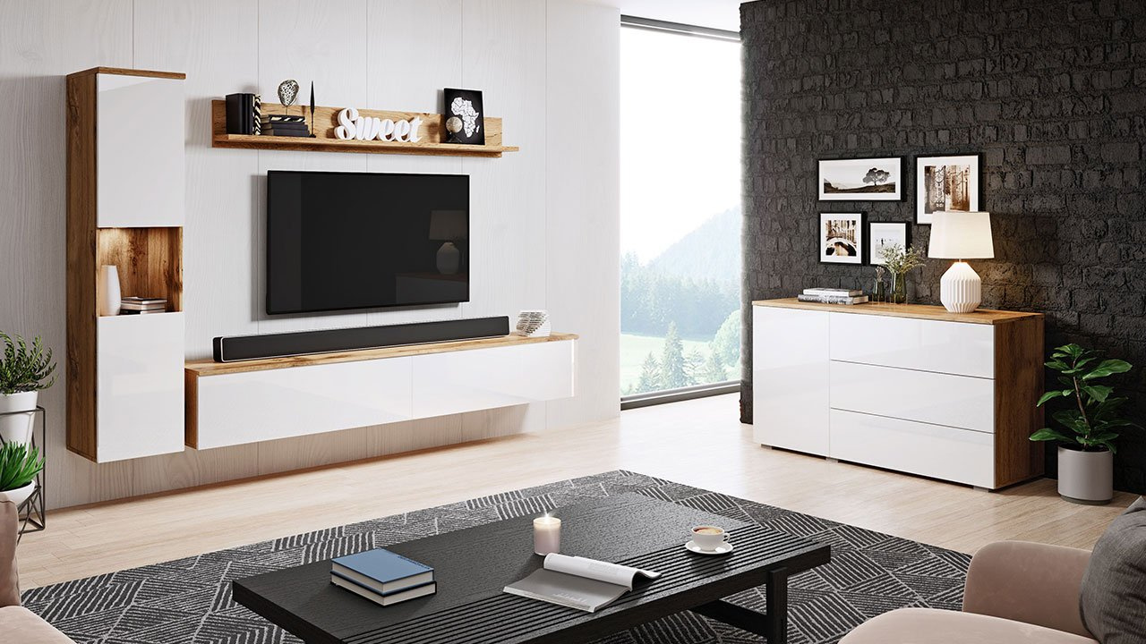 Namještaj za dnevni boravak Nova I (wotan + bijeli sjaj)