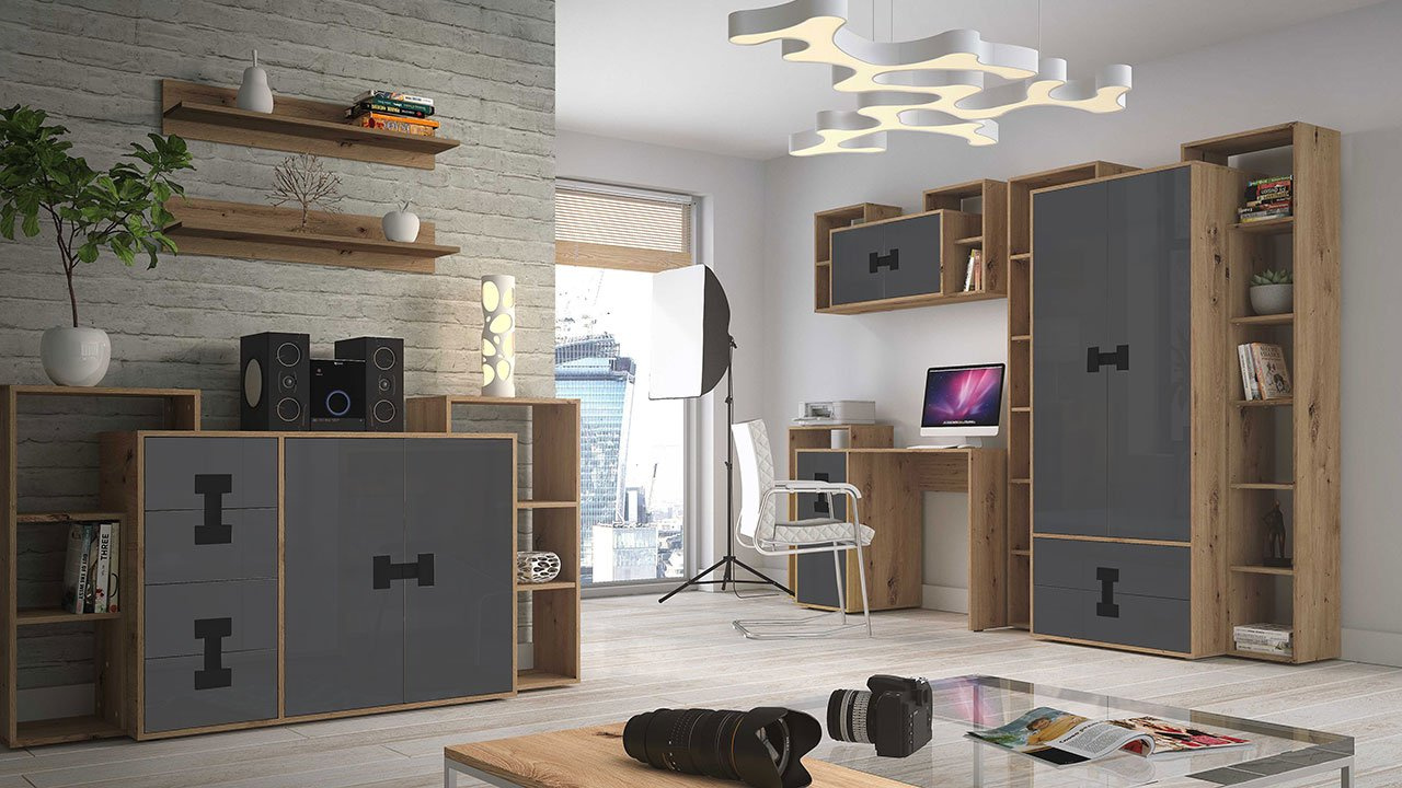 Namještaj za studentsku sobu Marcel II (hrast artisan + sivi sjaj)